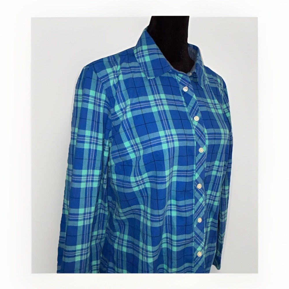 Talbots Womens Size Petite Large LP Blue Plaid Shirt Button Up Roll Tab Sleeves